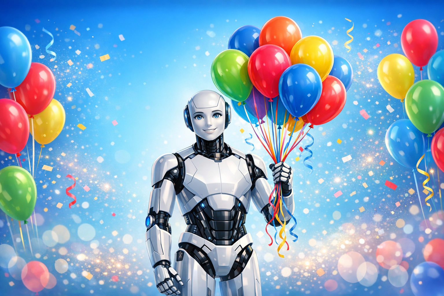 Humanoid Robot Holding Balloons Banner