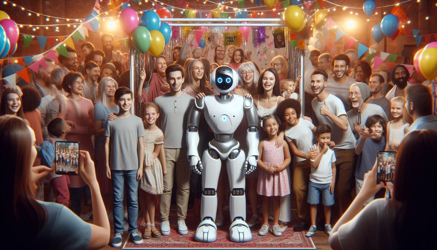 Friendly humanoid robot at a colorful photo booth with fun props