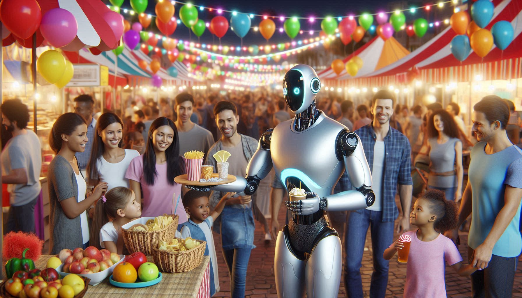 Friendly humanoid robot serving food and drinks at a catering event