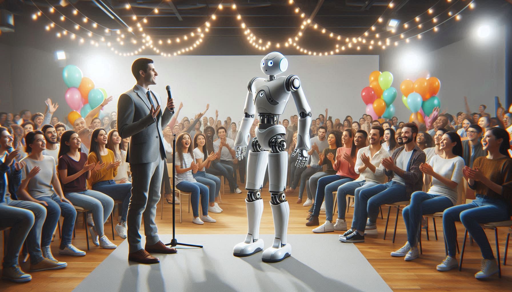Friendly humanoid robot acting as emcee on stage at community event
