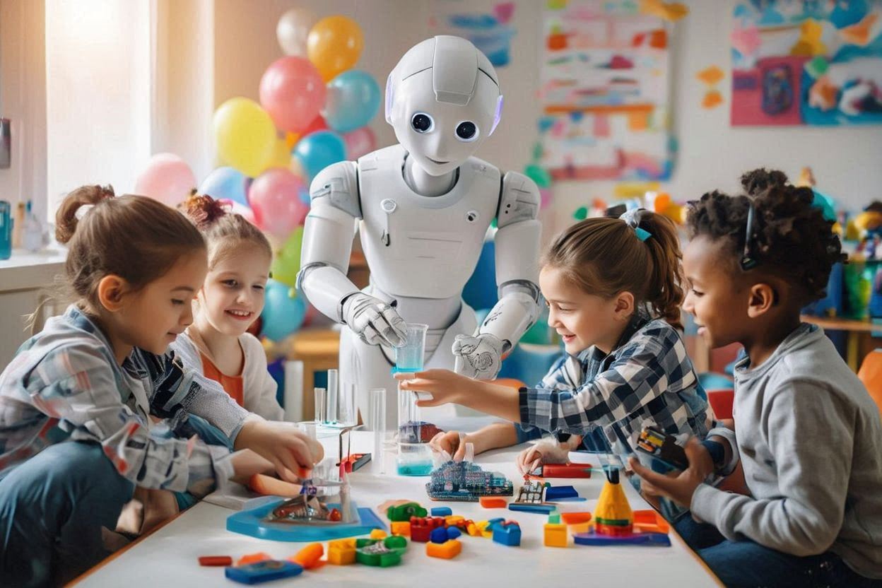 Friendly humanoid robot teaching children in a colorful classroom